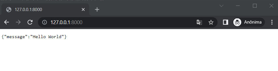 Aba do navegador Chrome mostrando o retorno em servidor local com a mensagem {“message”: “Hello World”} no formato JSON.