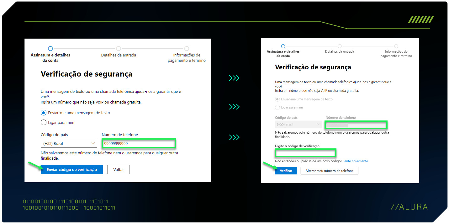 Capturas de tela da etapa de “Verificação de segurança” ligadas por setas verde. À esquerda, temos a tela com o campo de número de telefone, destacado com um retângulo verde, e o botão de “Enviar código de verificação”, destacado com uma seta verde. À direita, temos a tela para digitar o código, com o campo de código de verificação destacado com um retângulo verde, e o botão de “Verificar”, destacado com uma seta verde.