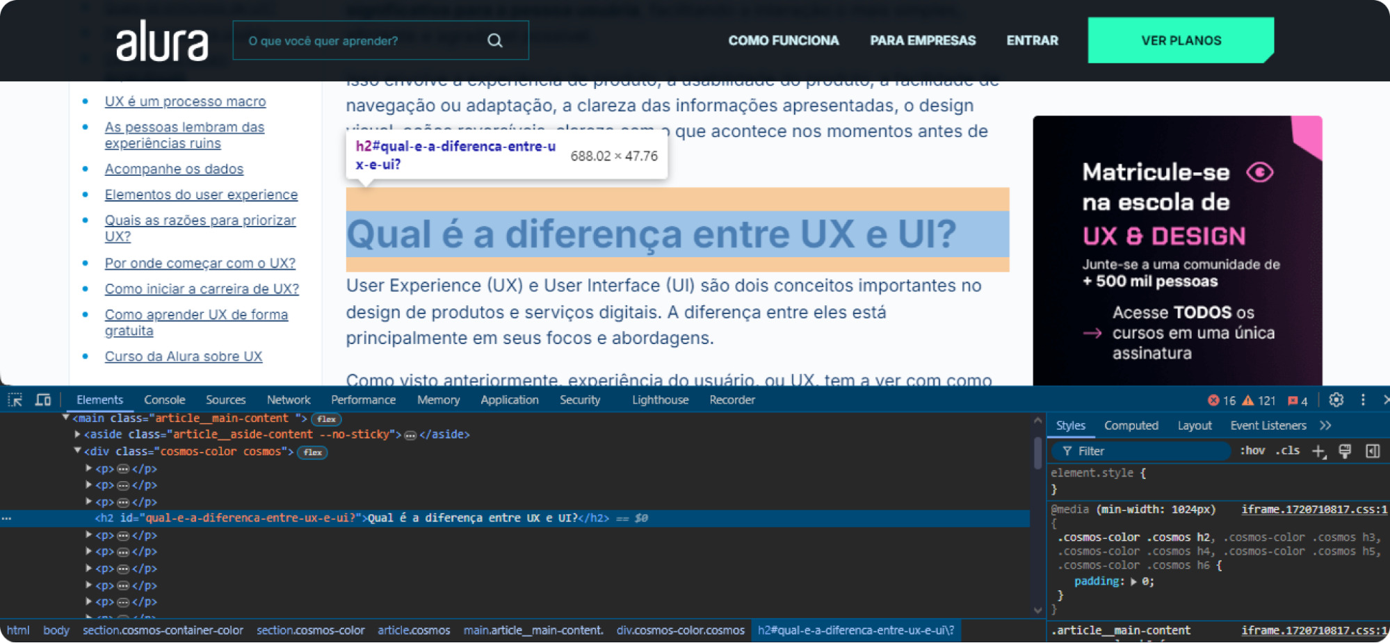 Página de um artigo da Alura. O título “Qual é a diferença entre UX e UI?” está selecionado a partir do inspecionar elemento do navegador, informando que utiliza a tag “H2”. Abaixo da página está a área de inspecionar elemento, exibindo os outros parágrafos do artigo pela tag “P”, e no meio selecionado a linha com o título em “H2”.