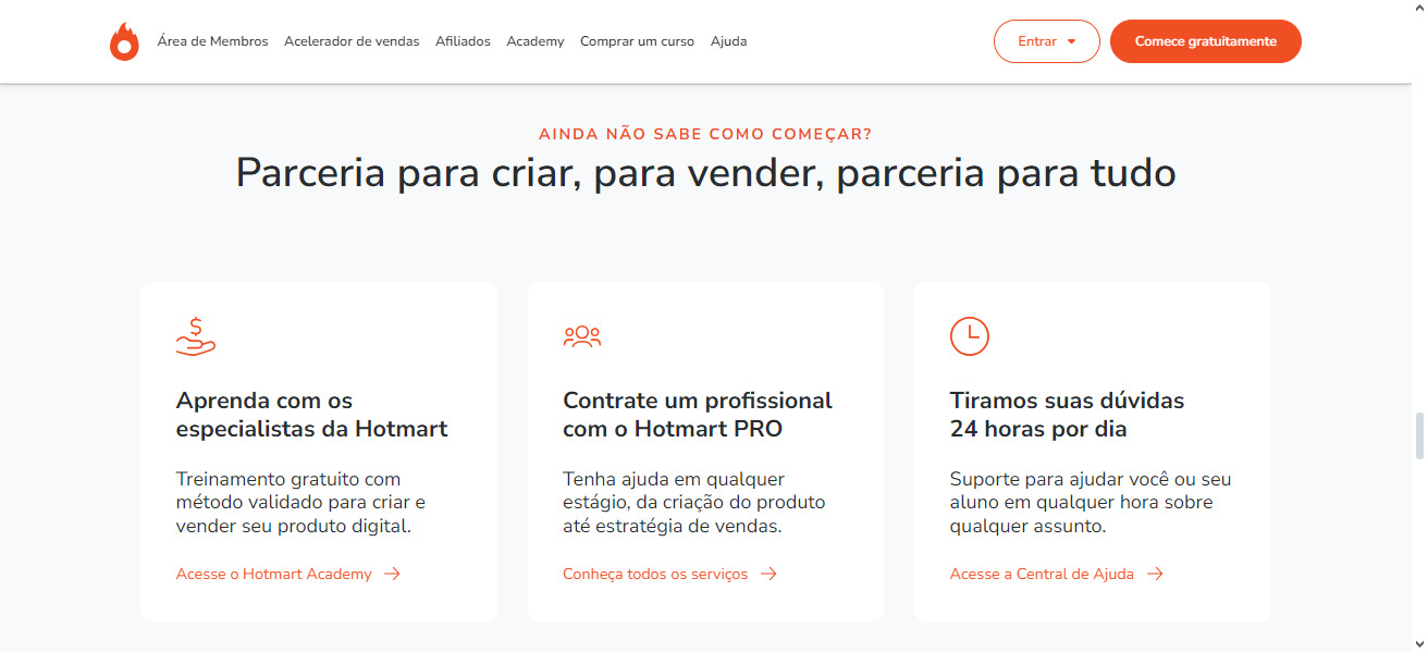 Página inicial da Hotmart. No topo está um texto escrito “Ainda não sabe como começar”, seguido pelo título “Parceria para criar, para vender, parceria para tudo”. Abaixo estão três blocos. O primeiro bloco apresenta o título “Aprenda com os especialistas da Hotmart”, com o link “Acesse o Hotmart Academy”. O segundo apresenta o título “Contrate um profissional com o Hotmart PRO”, com o link “Conheça todos os serviços”. Por último está o bloco “Tiramos suas dúvidas 24 horas por dia”, com o link “Acesse a Central de Ajuda”.