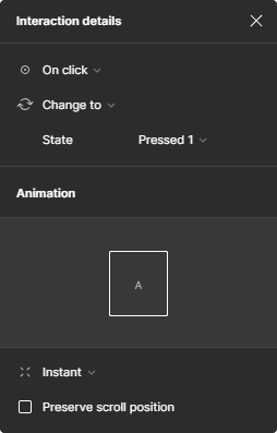 Print da janela de prototipagem, mostrando a seção “Interaction details” com a opção “On click” selecionada, e a seção “Animation” com a opção “Instant” escolhida.
