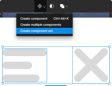 Ícones de menu hambúrguer e X selecionadas, e em cima deles as opções de criação de componente aparecendo, com a terceira opção “Create component set” selecionada.