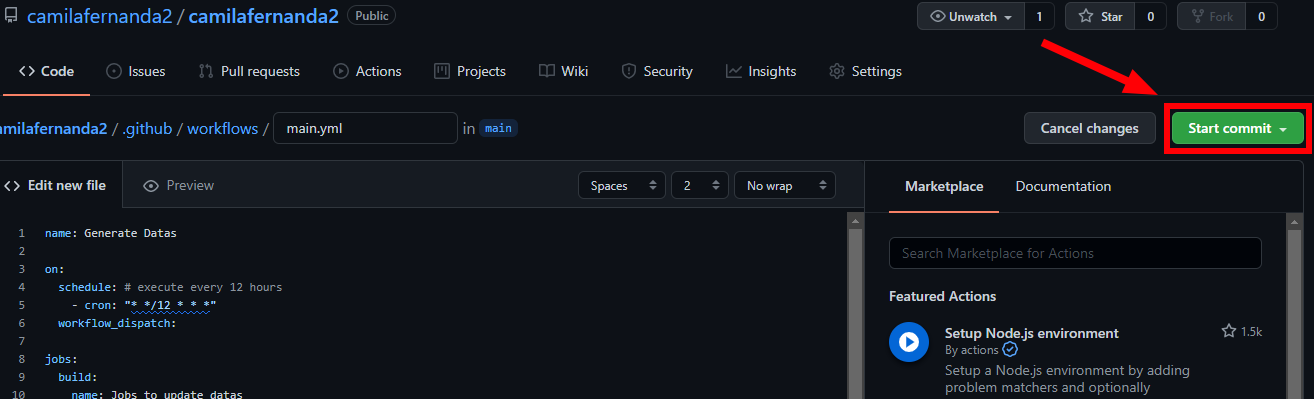 Tela do repositório camilafernanda2/camilafernanda2/.github/workfloes/main.yml no GitHub, com destaque no botão da opção Start commit no canto superior direito.