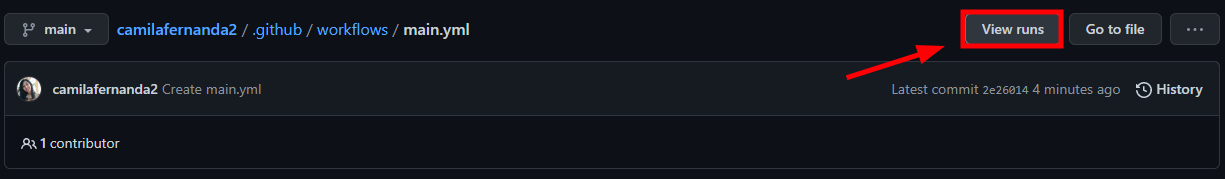 Tela do repositório camilafernanda2/camilafernanda2/.github/workfloes/main.yml no GitHub, com destaque no botão da opção View runs no canto superior direito.