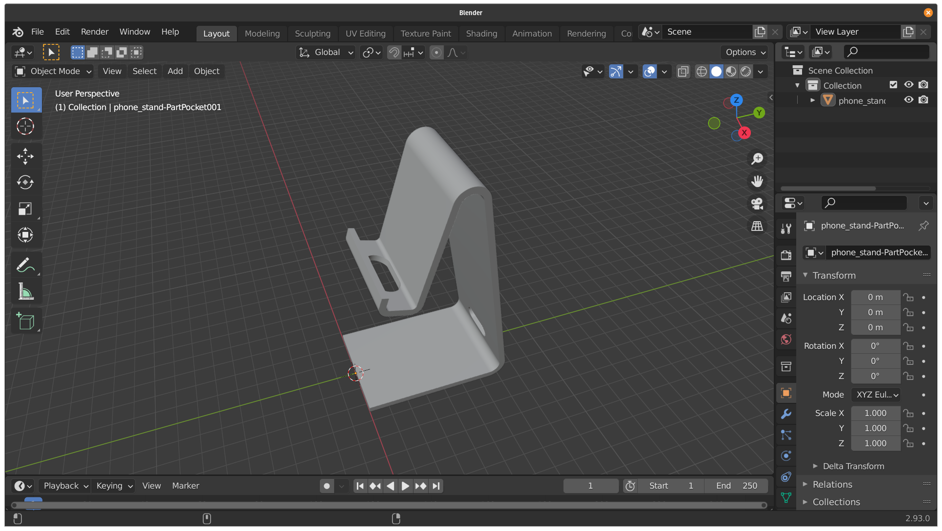 Captura de tela do programa Blender com um modelo 3D de um suporte para celular na origem