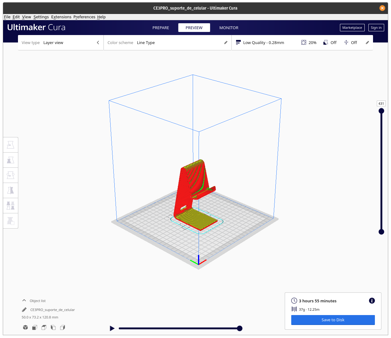 Captura de tela do software Ultimaker Cura com um modelo de suporte de celular carregado e processado. O processamento e renderização aparentam ter deixado artefatos na textura do modelo