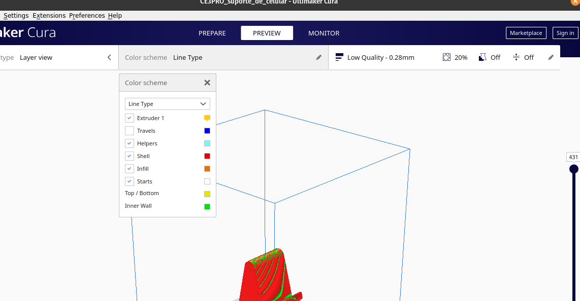 Captura de tela do Ultimaker Cura com os menus de visualização selecionados