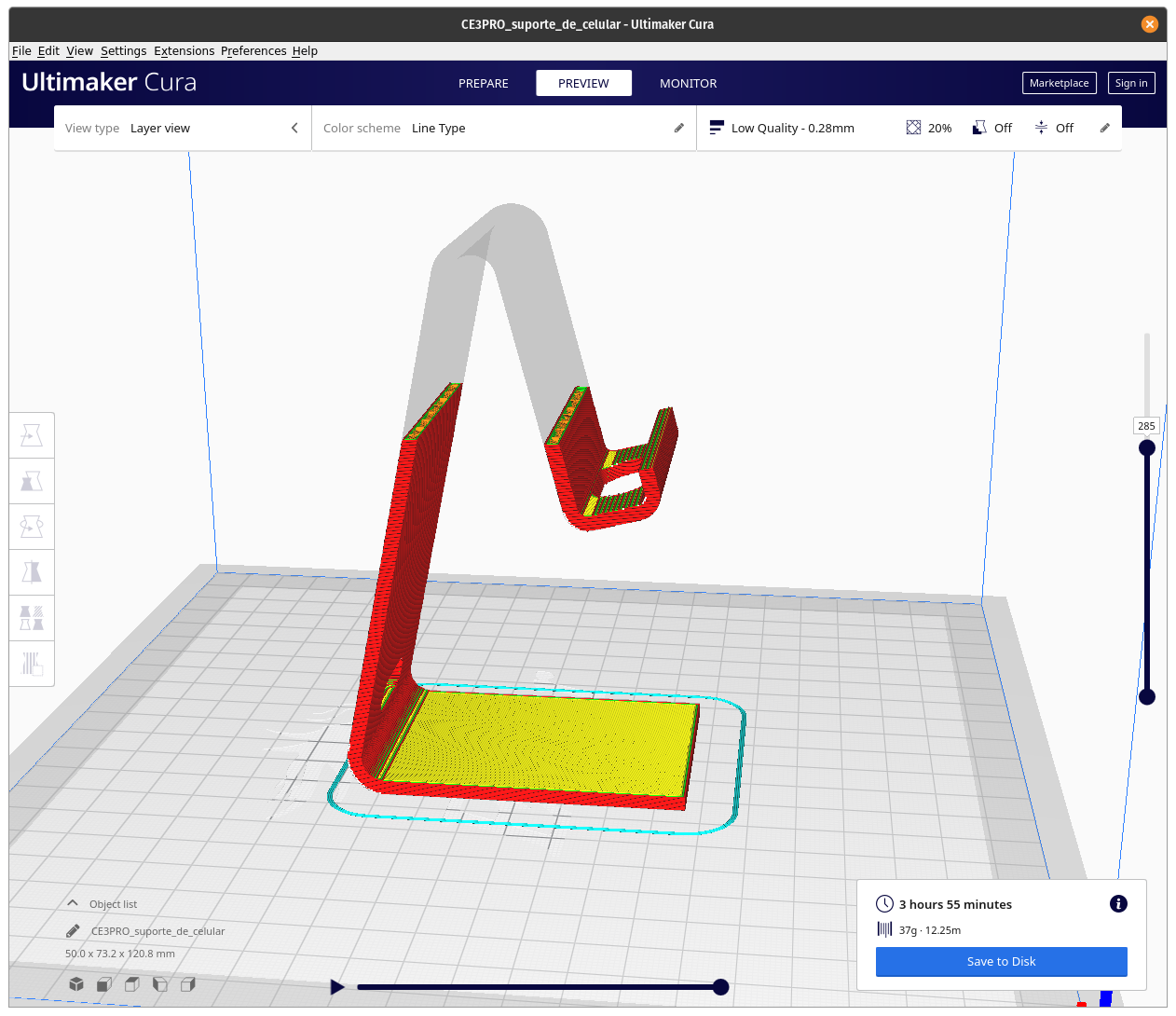 Captura de tela do Ultimaker Cura mostrando a previsão de um modelo sendo construído no ar