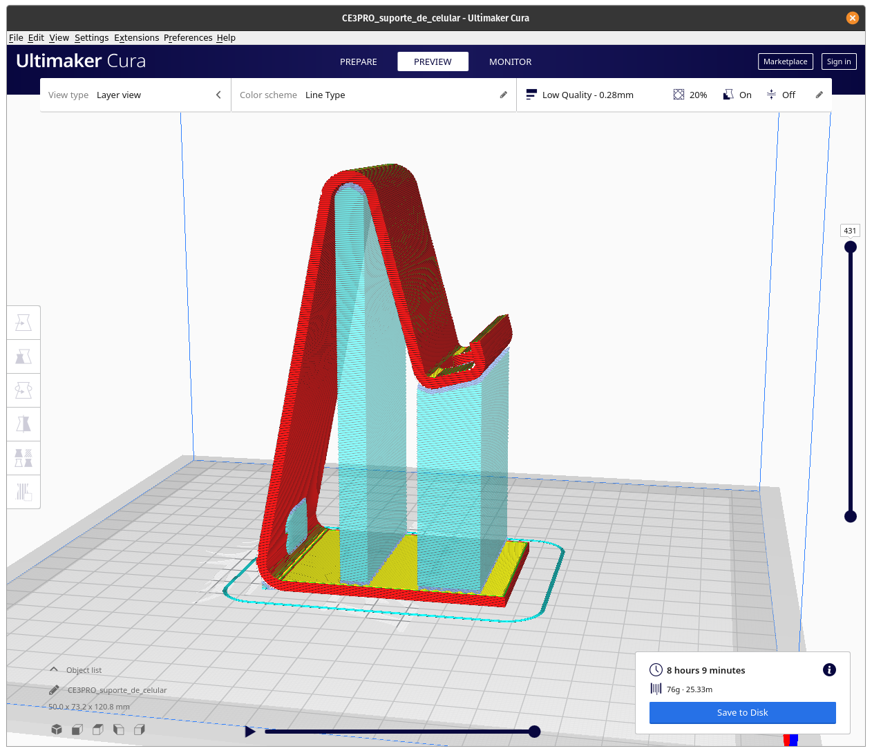 Captura de tela do Ultimaker Cura mostrando o modelo com uma estrutura de suporte e a previsão de duração de 8 horas e 9 minutos e consumo de 76g de material