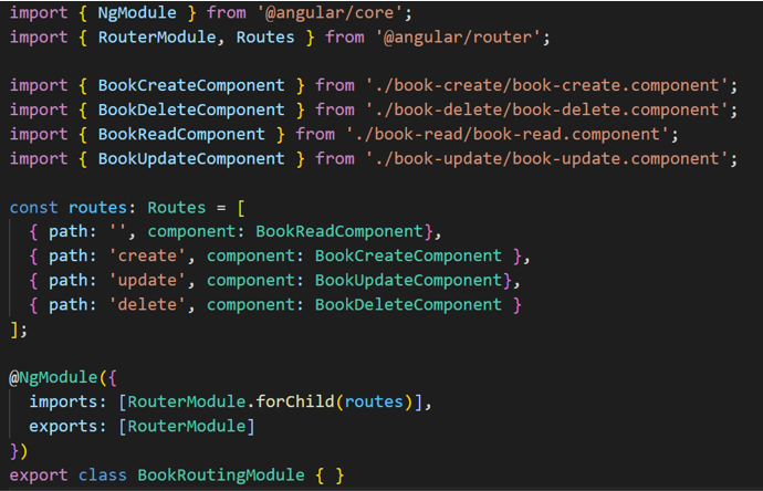 Configuração de rotas no arquivo `BookRoutingModule`.