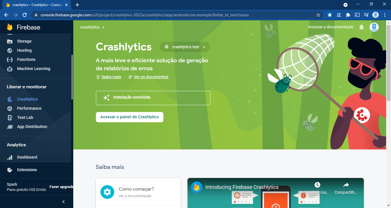 Imagem que mostra o dashboard do crashlytics esperando pelo primeiro crash.