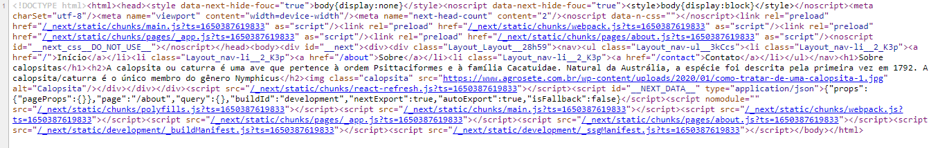 Uma linha de código fonte com todo o conteúdo e elementos da página sobre. Contém os elementos <h1> de título, <h2> para a descrição no código fonte.