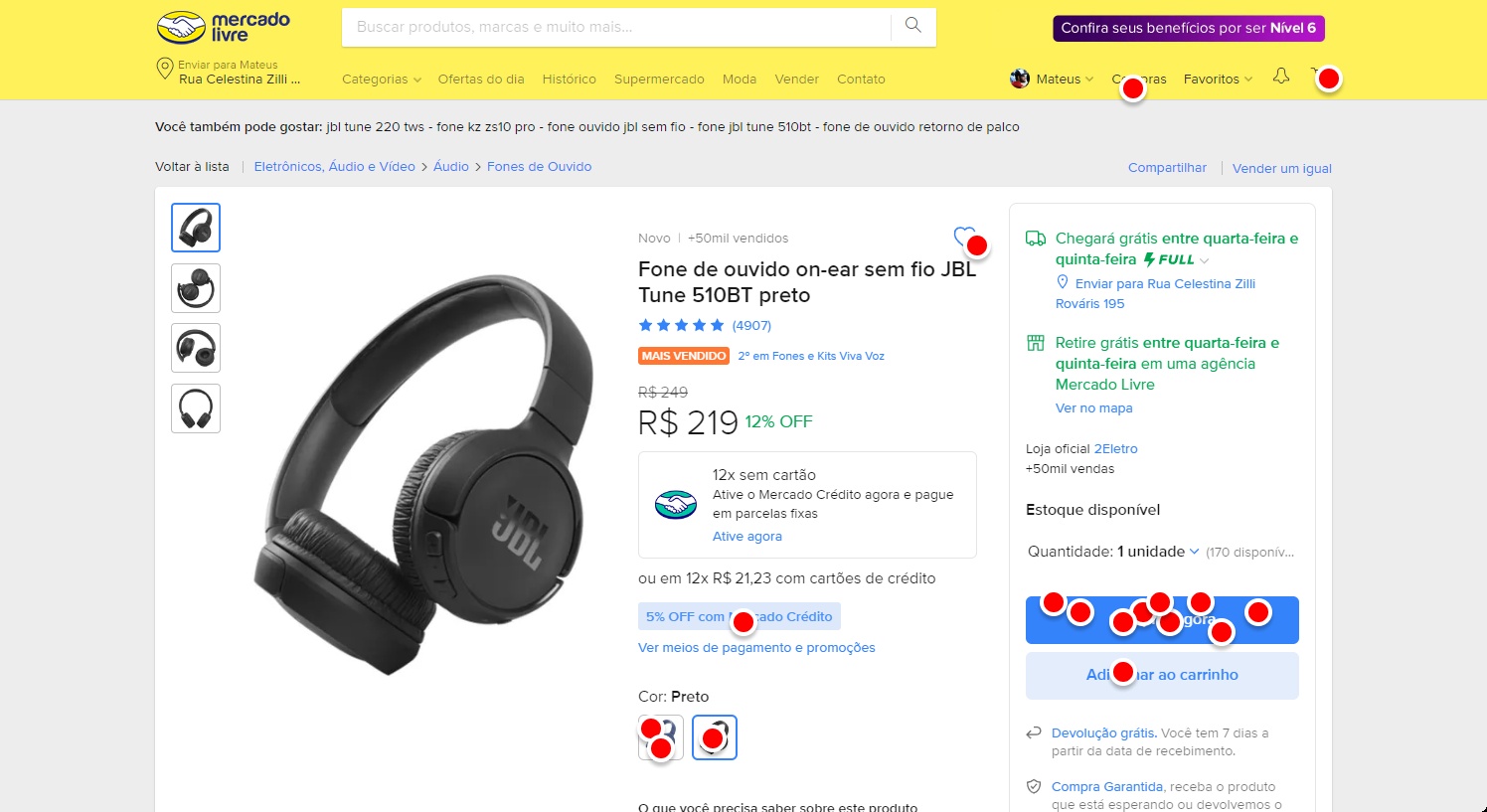 Página do Fone de Ouvido JBL Tune 510BT no Mercado Livre, apresentando diversas identificações de clique da pessoa usuária em diversos locais diferentes, com ênfase no botão “Comprar agora”, que possui a maior quantia de cliques.