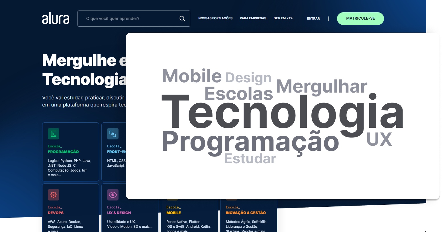 De fundo está a página inicial da Alura, e sobre ela, um bloco branco contendo palavras servindo como percepções das participantes após visualizarem a página. As palavras são: tecnologia, programação, escolas, mergulhar, mobile, design, estudar, e UX.