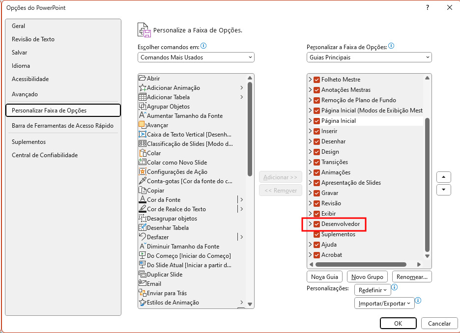 Imagem da caixa de diálogo "Opções do PowerPoint" com a aba "Desenvolvedor" marcada.
