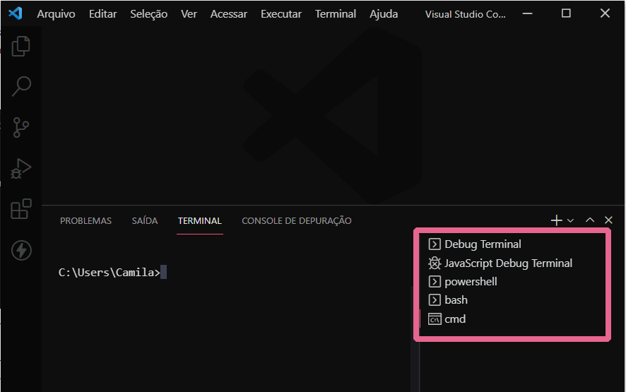 A imagem mostra o editor de código VS Code, em fundo preto, e o terminal integrado aberto. O terminal tem um formato de um retângulo e está destacado em linha rosa. Ao seu lado direito há uma seção que mostra outras opções de terminais respectivamente: “debug terminal, JavaScript Debug Terminal, powershell, bash, cmd” e uma caixa rosa demarcando seu espaço em torno das opções.