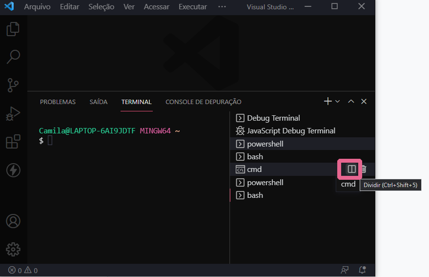 A imagem mostra o editor de código VS Code, em fundo preto,  e o terminal integrado aberto. O terminal tem um formato de um retângulo e ao seu lado direito há uma seção que mostra outras opções de terminais respectivamente: “debug terminal, JavaScript Debug Terminal, powershell, bash, cmd, powershell, bash” e uma caixa rosa demarcando o botão de dividir terminal, que tem o formato de um quadrado com uma faixa no meio.