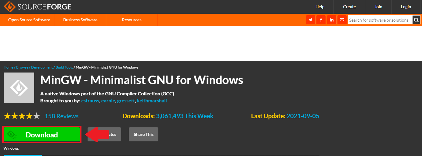 Página inicial para o Download do MinGW. Na parte superior temos uma tarja preta com a logo do SourceForge e botões como Help e Create. Logo abaixo temos uma tarja laranja com botões no canto esquerdo e opção de pesquisa no canto direito, além dos botões para as redes sociais. Abaixo temos uma faixa branca sem nenhum conteúdo. Logo abaixo dessa faixa branca temos escrito em destaque “MinGW - Minimalist GNU for Windows”. Também está disponível a quantidade de Downloads e a data da última atualização, que foi feita em 5 de setembro de 2021. Também temos a informação que o programa é classificado com 5 estrelas. No canto inferior esquerdo da imagem temos um botão verde escrito Download destacado com uma caixa vermelha e uma seta, também vermelha.
