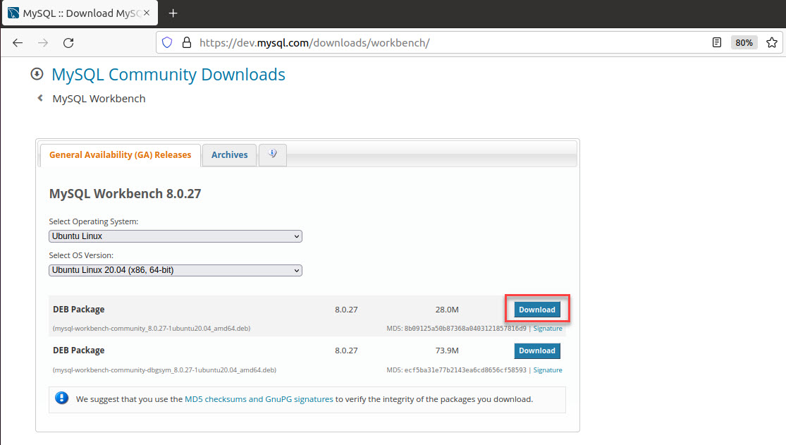 Site da página de download dos arquivos MySQL. No canto superior da imagem é apresentada a URL: https://dev.mysql.com/downloads/workbench/. Logo abaixo, na cor azul, é apresentada a frase: MySQL Community Downloads. No centro da imagem temos duas opções para realização de download. No lado direito, a primeira palavra download é apresentada destacada por um retângulo vermelho.