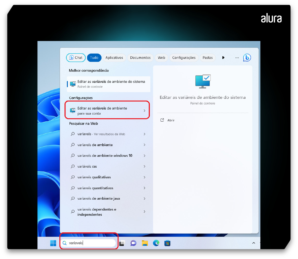 Captura da tela do Windows 11. Na parte inferior esquerda, ao lado do símbolo do Windows, há uma barra de pesquisa, com o texto “variaveis”. Essa barra está destacada por um retângulo vermelho. No restante da tela, aparecem as opções encontradas com a busca à esquerda. A segunda opção, “Editar variáveis de ambiente para sua conta”, está em destaque também com um retângulo vermelho. 