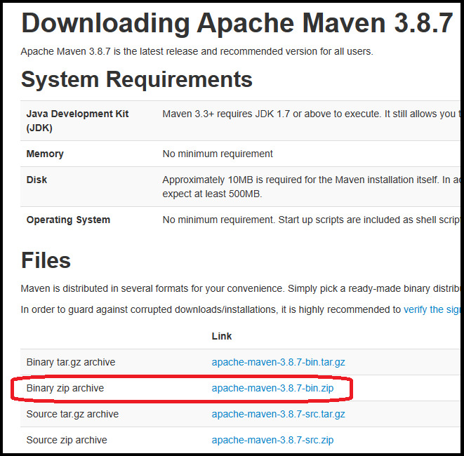 Lista de opções de download de Maven presentes na página de download de Maven. Está assinalada a opção 'Binário Zip Archive' com o link 'apache-Maven-3.8.7-bin.zip'.