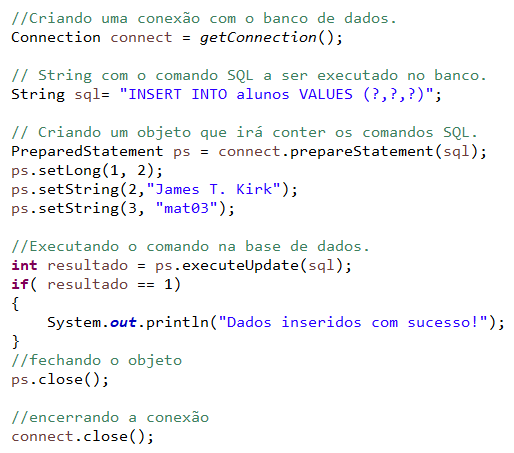 Vê-se uma imagem da codificação java para executar insert, update e delete na conexão com o banco de dados usando JDBC.