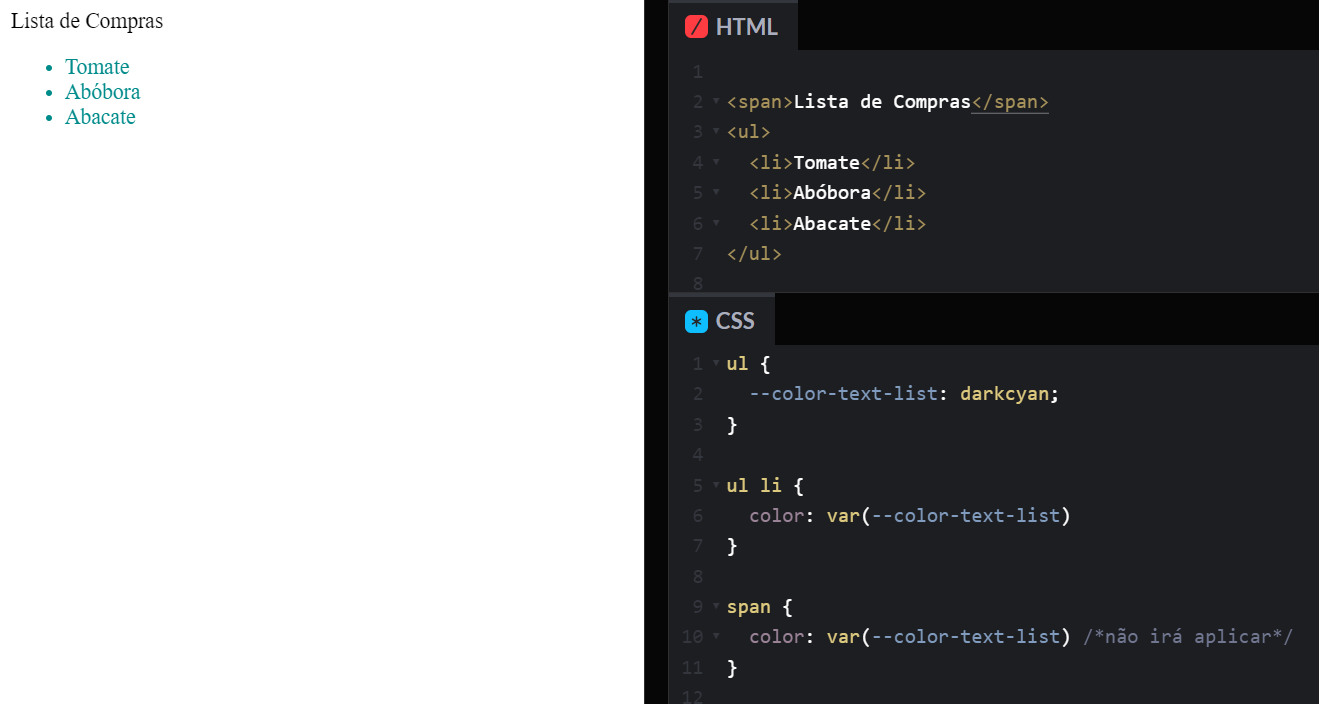 Do lado direito da imagem, há um arquivo HTML, com um texto referente a lista de compras e abaixo, há uma ul com três li’s, cada um com um texto referente a um item da lista de compras. Também há o arquivo CSS, onde está sendo declarado dentro do bloco da ul a variável --color-text-list: darkcyan; e essa variável está sendo chamada abaixo dentro da propriedade color de li. Além disso, abaixo da li essa variável está sendo chamada no color do elemento span e há um comentário indicando que a variável não funcionará ali. Do lado esquerdo, há o resultado com os três itens da lista com a cor do texto na cor darkcyan