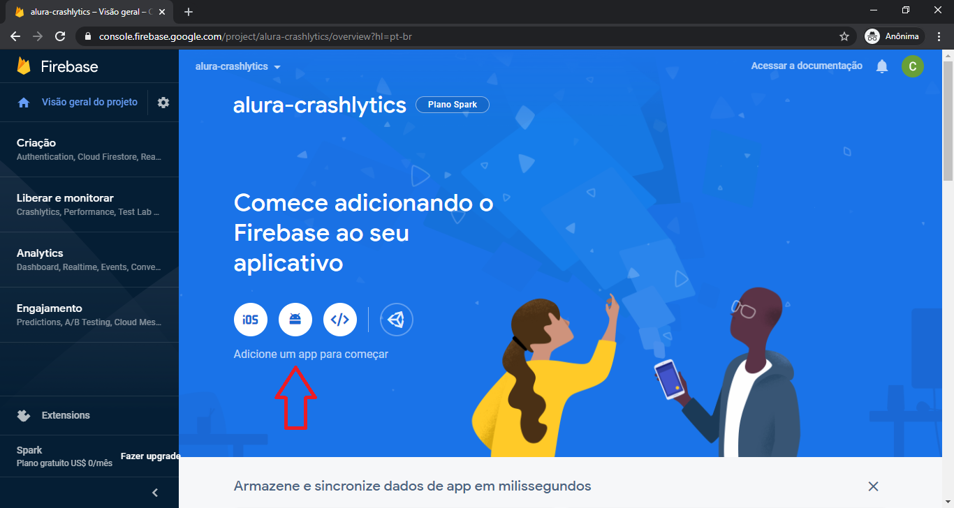 Imagem da tela principal do projeto com uma seta apontando para o botão da plataforma Android