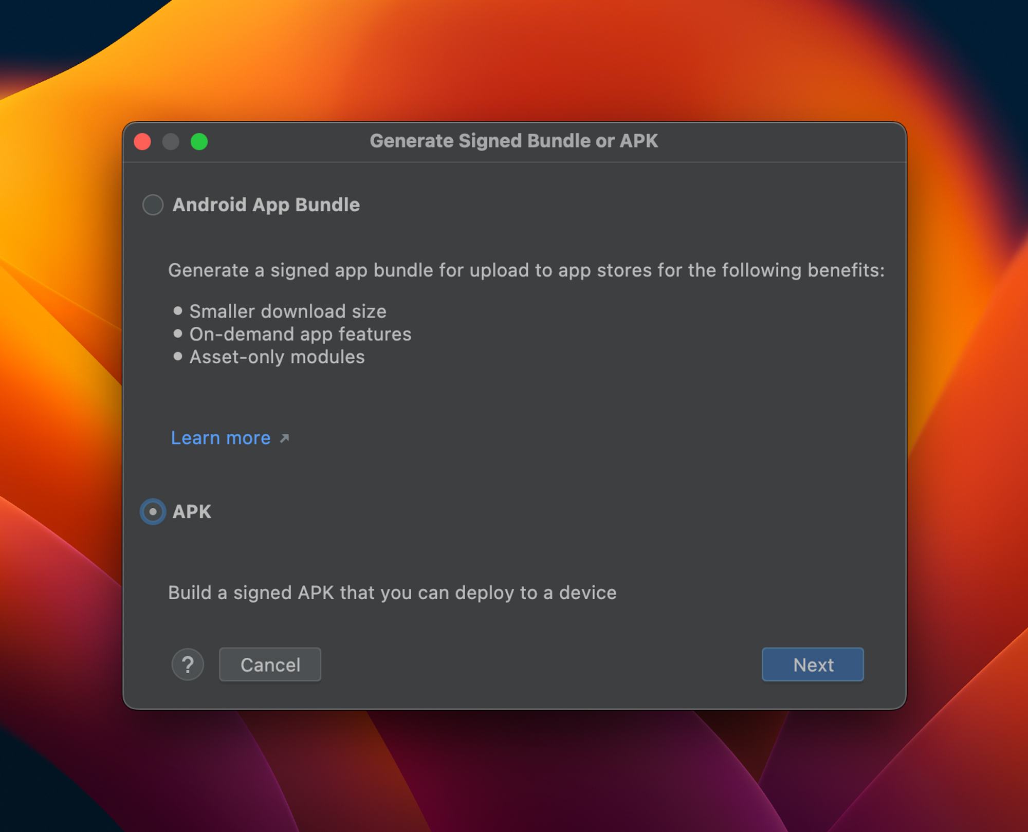 Janela Generate Signed Bundle or APK com duas opções: Android App Bundle e APK. Também, com os botões Cancel e Next.