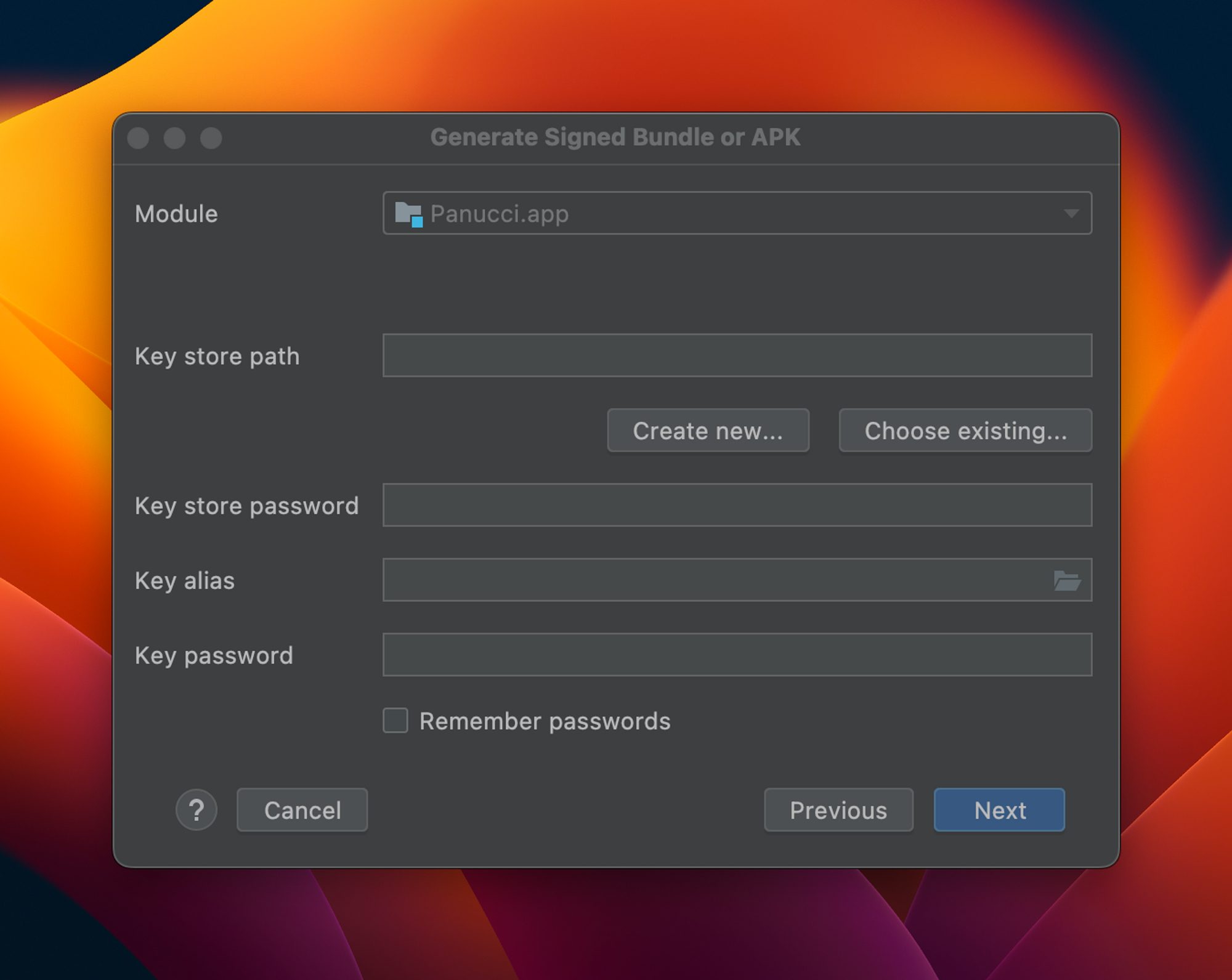 Janela Generate Signed Bundle or APK com os campos: Module, Key store Path, Key store password, Key alias e Key password, botões Create New…, Choose existing…, Cancel, Previous e Next e um checkbox Remember passwords