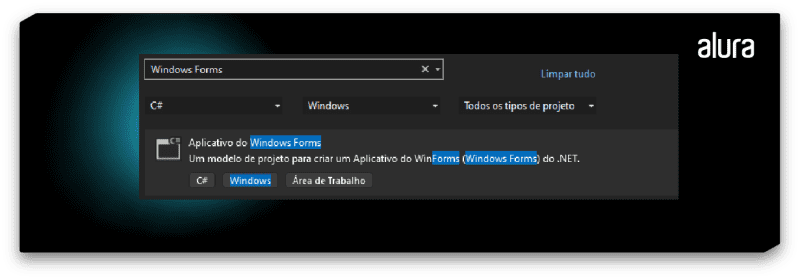 Janela de configuração de um projeto .NET na ferramenta do Visual Studio Community 2022, mostrando que está selecionada a opção de projeto`Aplicativo do Windows Form.