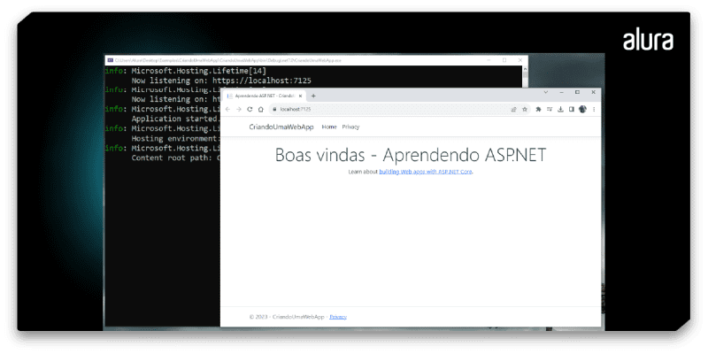 A imagem apresenta uma página de boas vindas com os dizeres `Boas vindas - Aprendendo ASP.NET` e ao fundo uma janela de prompt com o log de execução do servidor web. 