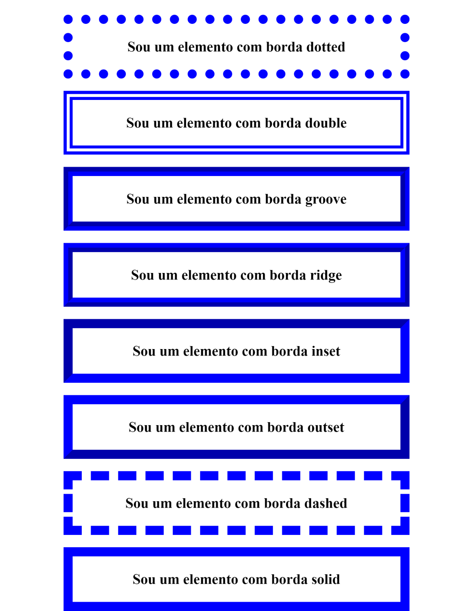 Imagem com uma lista de caixas retangulares organizadas na vertical, com estilos de bordas padrão da tag `border-style`. Todos os elementos possuem bordas com cor azul, fundo branco e fonte de cor preta. No primeiro elemento contém a frase “Sou um elemento com borda dotted”, este elemento possui uma borda do tipo dotted. O segundo elemento contém a frase “Sou um elemento com borda double”, este elemento possui borda double. O terceiro elemento possui a frase “Sou um elemento com borda groove”, este elemento possui borda groove. O quarto elemento possui a frase “Sou um elemento com borda ridge”, este elemento possui borda ridge. O quinto elemento possui a frase “Sou um elemento com borda inset”, este elemento possui borda inset. O sexto elemento possui a frase “Sou um elemento com borda outset.”, este elemento possui borda outset. O sétimo elemento possui a frase “Sou um elemento com borda dashed”, este elemento possui borda dashed. O oitavo elemento possui a frase “Sou um elemento com borda solid”, este elemento possui borda solid.