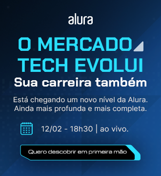 Banner promocional da Alura, com chamada para um evento ao vivo no dia 12 de fevereiro às 18h30, com os dizeres 