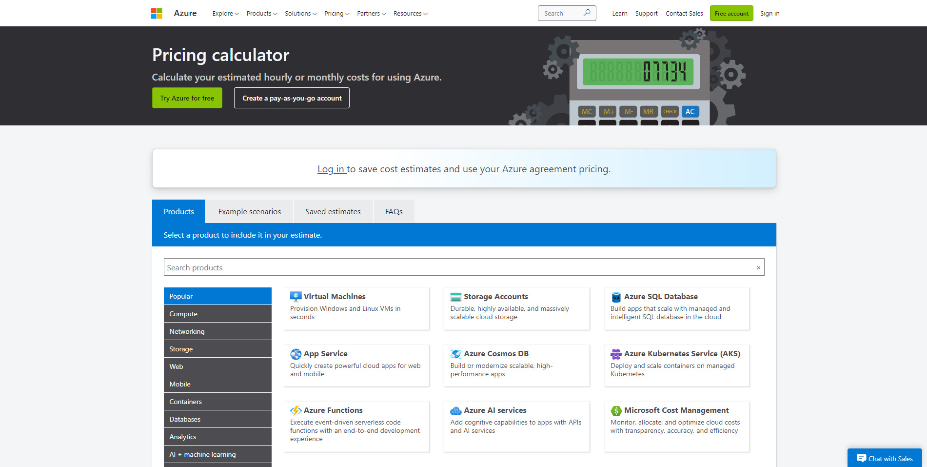 Captura de tela da página inicial da página “Pricing calculator” da Microsoft. Na parte superior, no canto esquerdo, há o título “Pricing calculator”, seguido do subtítulo “Calculate your estimated hourly or monthly costs for using Azure”. E abaixo, o botão “Try Azure for free” e “Create a pay-as-you-go account“. O corpo da página mostra outros produtos da Azure.