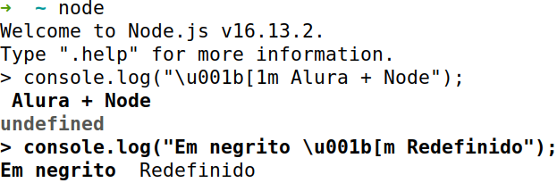 alt text: Tela do terminal interativo do Node imprimindo o texto em negrito e depois resetando o realce de texto