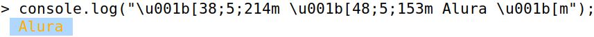 alt text: Tela do terminal interativo do Node imprimindo Alura com cores um azul claro de fundo e texto em laranja