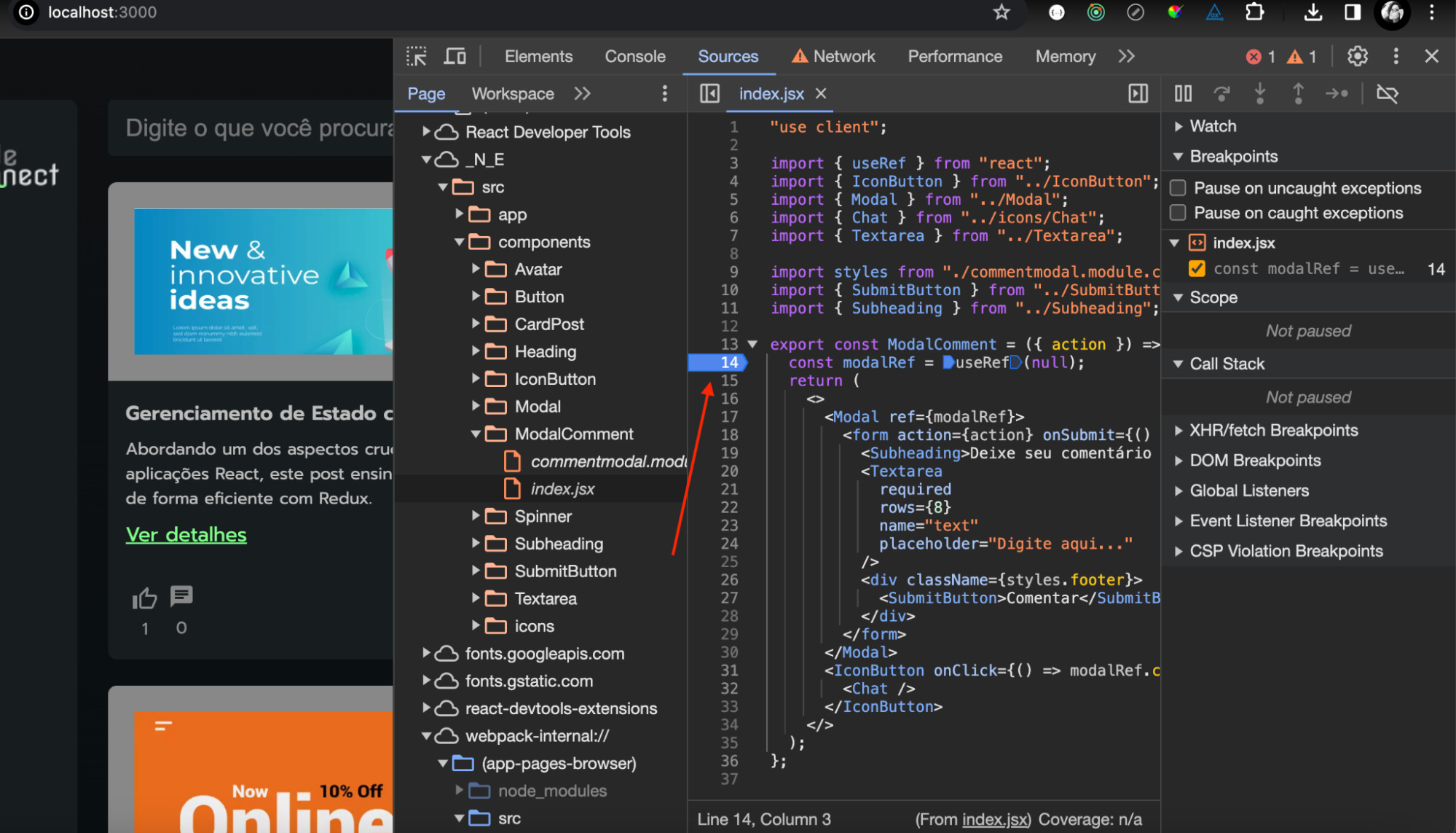 Ferramenta developer tools aberta com seta vermelha indicando onde adicionar o breakpoint no arquivo index.jsx.