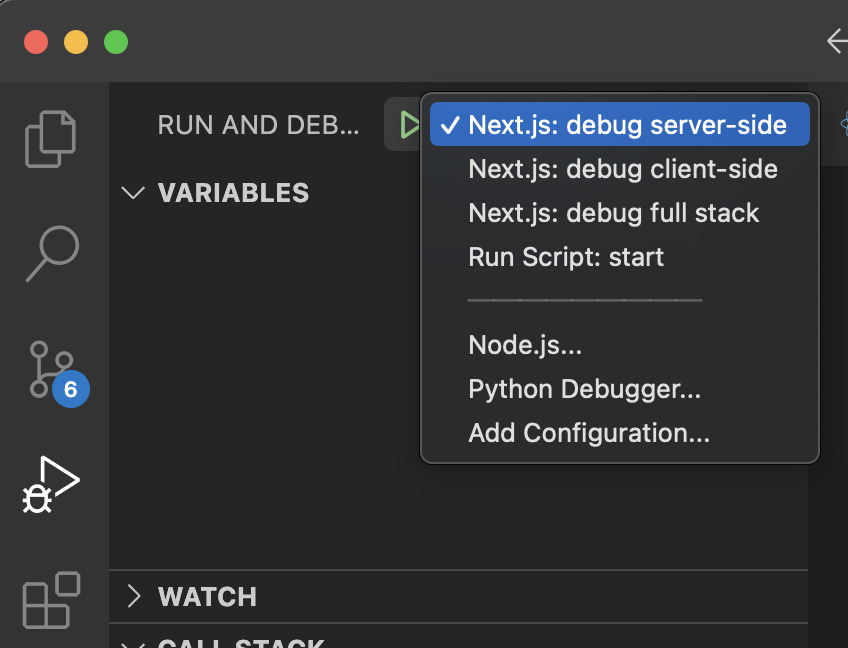 Painel de depuração aberto no VS code e  seleção de configuração Next.js: debug server-side.