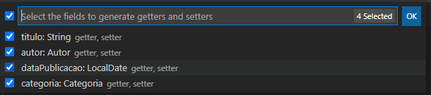 alt text: Imagem com fundo preto, com todos os atributos da classe Autor disponíveis para serem marcados para geração dos getters e setters.