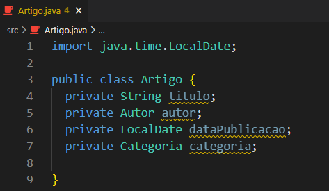 alt text: Imagem com fundo preto, mostrando a classe Artigo com todos os atributos sublinhados em amarelo, pois seus valores ainda não foram usados.