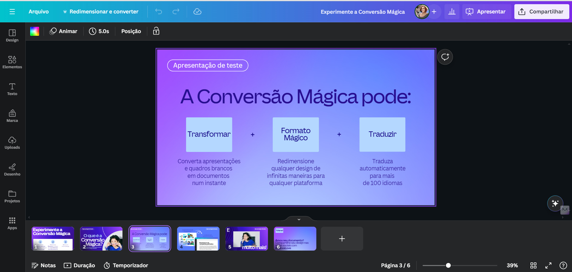 Tela apresentando a Conversão Mágica do Canva.