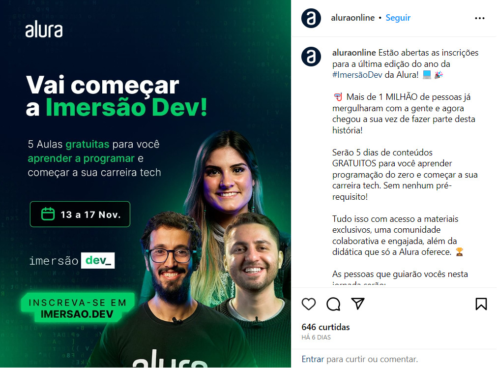 PrintScreen de tela do Instagram da Alura @aluraonline em trinta de outubro de dois mil e vinte e três, com informações sobre uma ImersãoDev, na parte central à esquerda e três pessoas sorridentes na parte central inferior à direita.