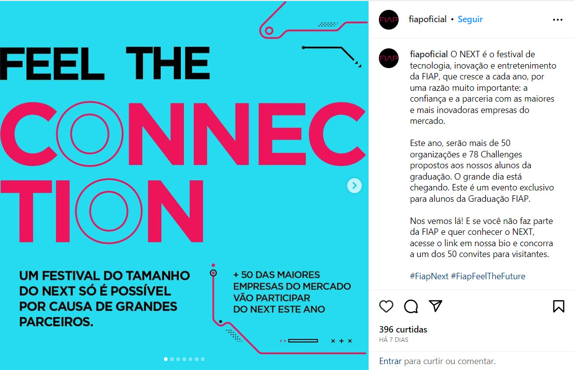 PrintScreen de Tela do Instagram da FIAP @fiapoficial em trinta de outubro de dois mil e vinte e três, com informações sobre o Festival NEXT com informações na parte central superior e parte inferior nos lados direito e esquerdo nas cores rosa e preta em um fundo azul claro neon.