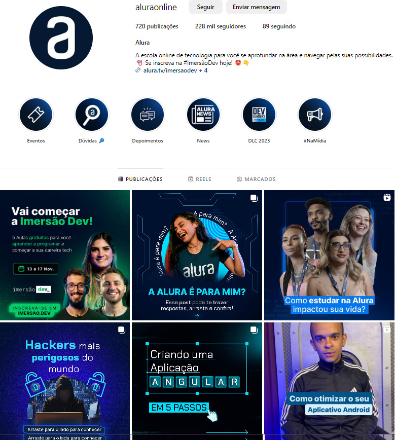 PrintScreen de Tela do Instagram da Alura @aluraonline em trinta de outubro de dois mil e vinte e três, com postagens diversas na grade do instagram.