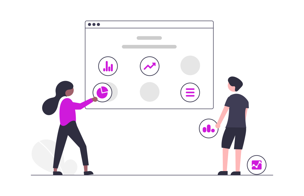 Ilustração de duas pessoas colocando ícones que representam dados em uma tela de computador.
