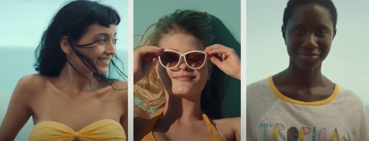 Captura de tela da Campanha “Verão Skol - Viva a diferença” mostrando três mulheres.