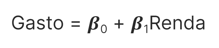 Fórmula de regressão. Da esquerda para a direita temos: gasto igual a beta zero mais beta um multiplicado pela renda.