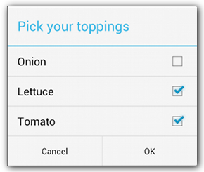 “um quadrado branco com um título ao topo escrito: “pick your toppings”, três linhas com um item escrito na esquerda e uma caixa de seleção ao lado direito, os itens são Onion, Lettuce e Tomato, os dois últimos com suas caixas de seleção marcadas, na parte inferior há dois botões: “ok” e “cancel”.”