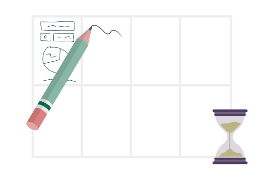 Ilustração da técnica Crazy Eights, com uma folha de papel dividida em 8 partes, um lápis para desenhar as ideias e uma ampulheta para cronometrar o tempo da atividade.